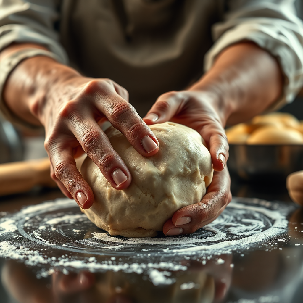 A photorealistic image focusing on a baker's hands as they carefully shape dough, with a subtle display of baking tools in the background. Light reflects off the dough, highlighting its texture and pliability. Focus on the baker's hands and the details of the dough. Color palette should be warm and earthy, emphasizing the natural ingredients. Technical specs: 4K resolution, high detail, natural lighting.