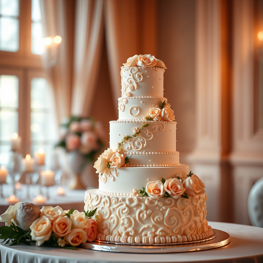 A photorealistic image showcasing a beautifully designed custom cake, specifically a wedding cake, with intricate details and decorations. The cake is displayed in an elegant setting, with soft, romantic lighting. The focus should be on the cake's design and artistry, highlighting its unique features. The color palette should be soft and elegant, reflecting the celebratory nature of the event. Technical specifications: 4K resolution, studio lighting, high detail.