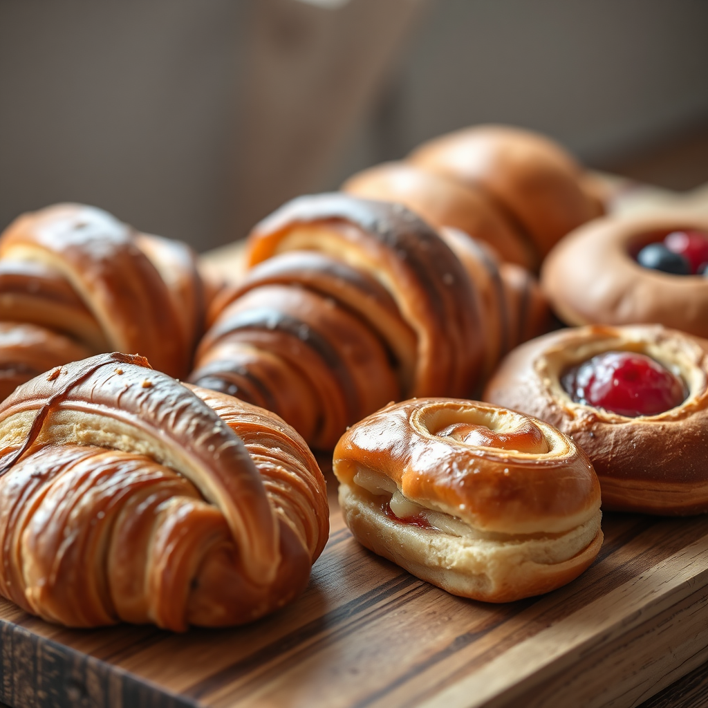 Capture a close-up, photorealistic image of a selection of freshly baked pastries arranged on a rustic wooden cutting board. The pastries include croissants, pain au chocolat, and fruit danishes, each displaying golden-brown crusts and flaky textures. Soft, natural light should illuminate the scene, highlighting the details of the pastries. The background should be subtly blurred to maintain focus on the baked goods. The color palette should consist of warm, inviting tones, emphasizing the rich colors of the pastries. Technical specifications: 4K resolution, shallow depth of field.