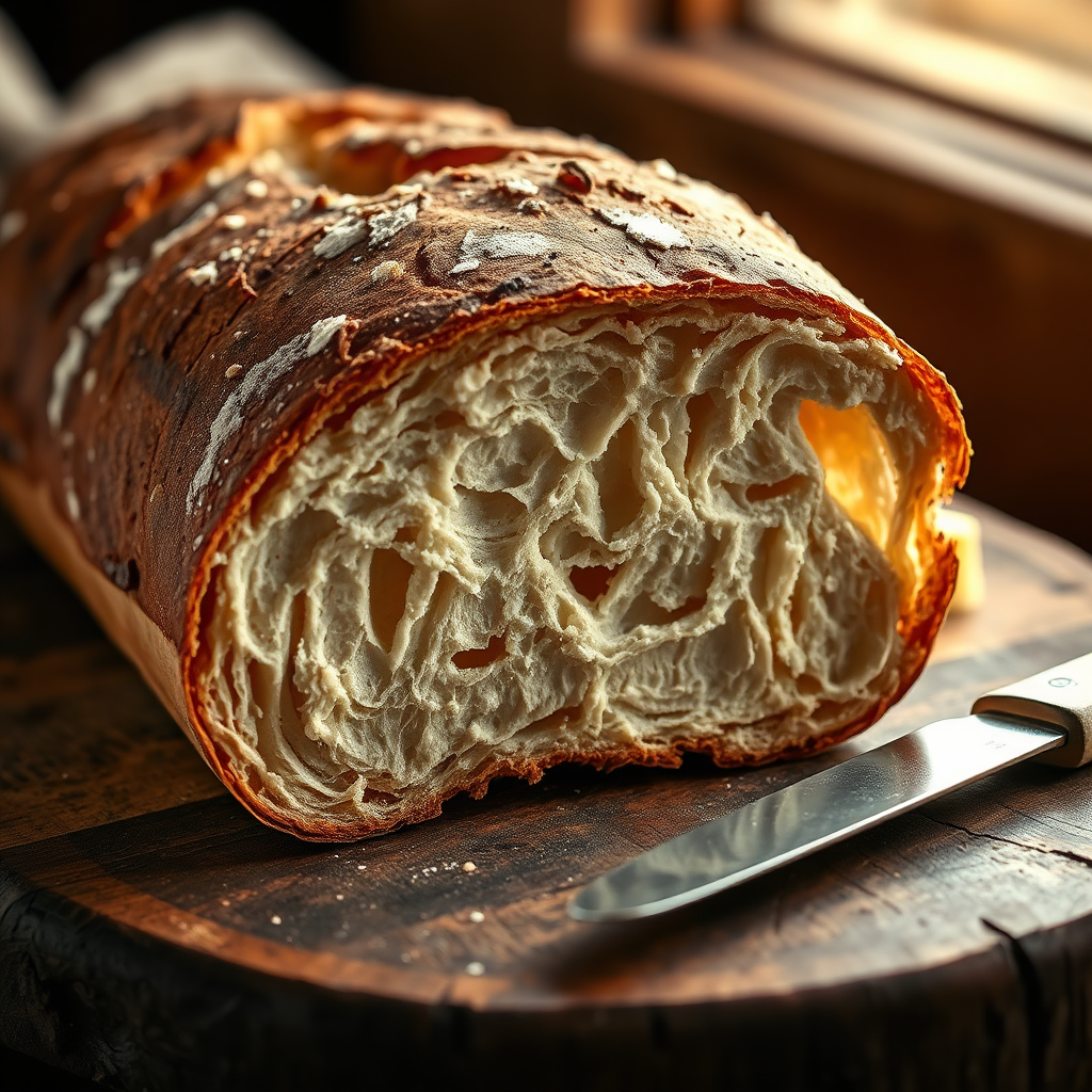 Close-up photorealistic image of a freshly baked loaf of artisan bread, showcasing its crusty exterior and soft, airy interior. The bread is displayed on a rustic wooden surface, with a knife and a pat of butter nearby. Warm, natural light illuminates the scene, highlighting the textures and details of the bread. The color palette should be warm and earthy, emphasizing the natural ingredients and artisanal craftsmanship. Technical specifications: 4K resolution, macro lens, focus on texture.