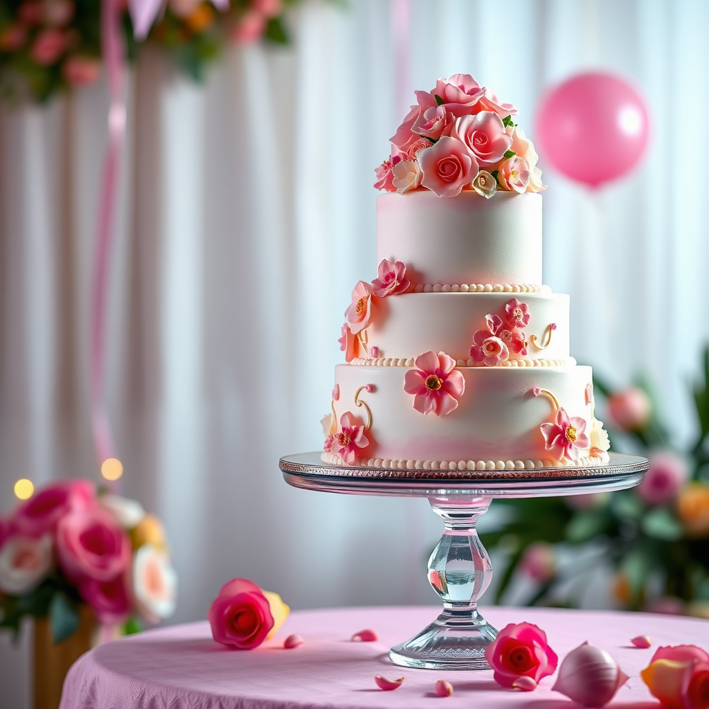 Create a photorealistic image of a beautifully decorated multi-tiered cake, displayed prominently on a cake stand. The cake is adorned with intricate sugar flowers, delicate piping, and a smooth, glossy finish. The background features a celebratory setting with soft, diffused lighting. The color palette should be vibrant and cheerful, reflecting the celebratory nature of the image. Technical specifications: 4K resolution, studio lighting, focus on detail.