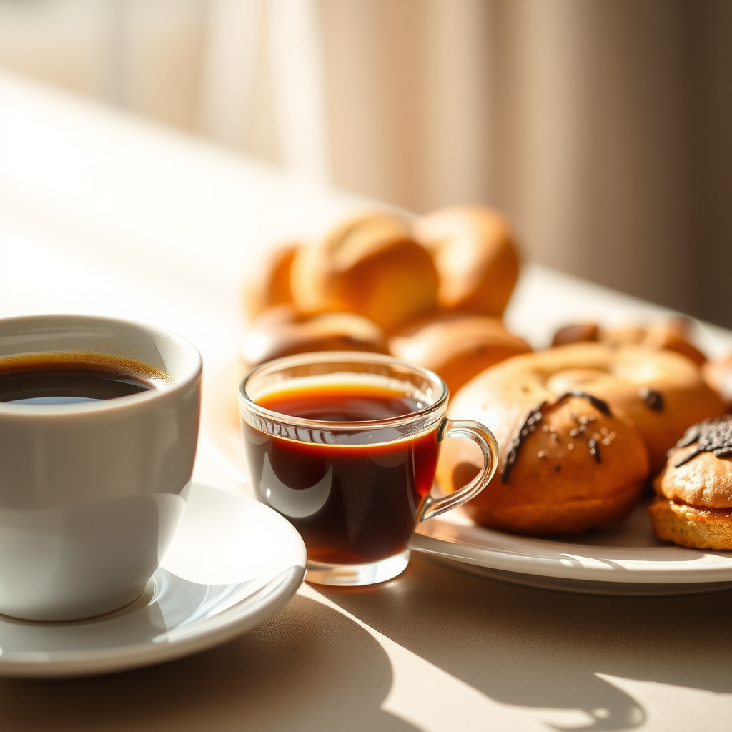 Create an image showing a cup of freshly brewed coffee next to a plate of assorted pastries. Focus on the textures and colors of the coffee and pastries. Soft lighting is cast over the scene, creating an inviting and comfortable atmosphere. Use a shallow depth of field to softly blur the background. The color palette should be warm and inviting, emphasizing the comfort and indulgence of the scene. Technical specifications: 4K resolution, natural lighting, shallow depth of field.