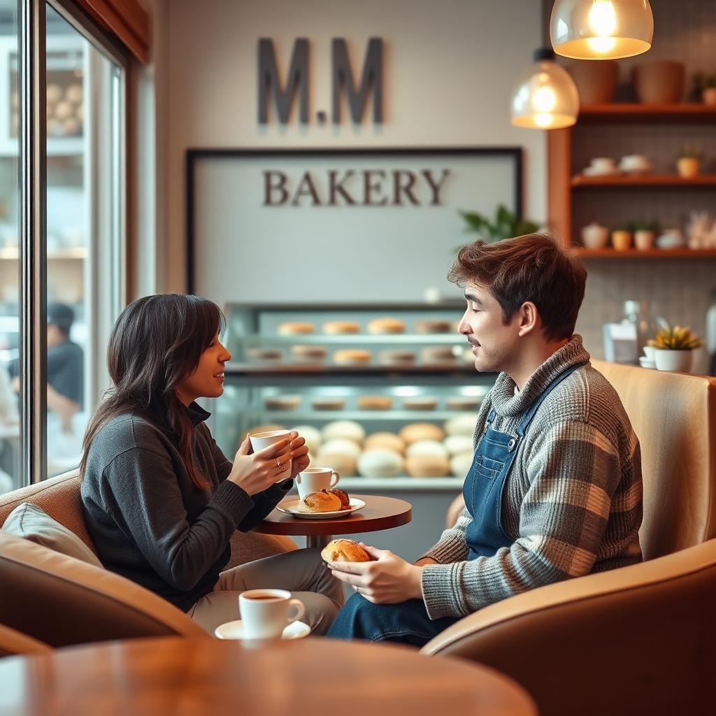 Create an image showing a warm and inviting corner of M Bakery. Two friends are enjoying coffee and pastries, engaged in conversation. The setting includes comfortable seating, soft lighting, and a view of the bakery's display counter in the background. The color palette should be warm and inviting, creating a sense of community and connection. Technical specifications: 4K resolution, natural lighting, shallow depth of field.